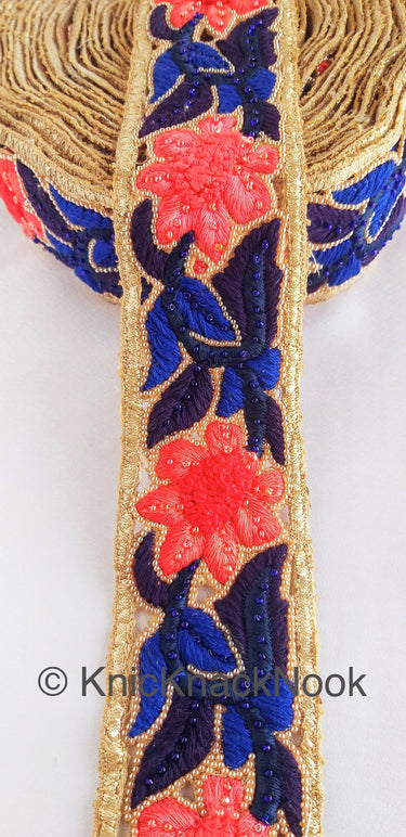 Blue And Gold Hand Embroidered Cutwork Lace Trim, Floral Embroidery Beaded, Wedding Trim